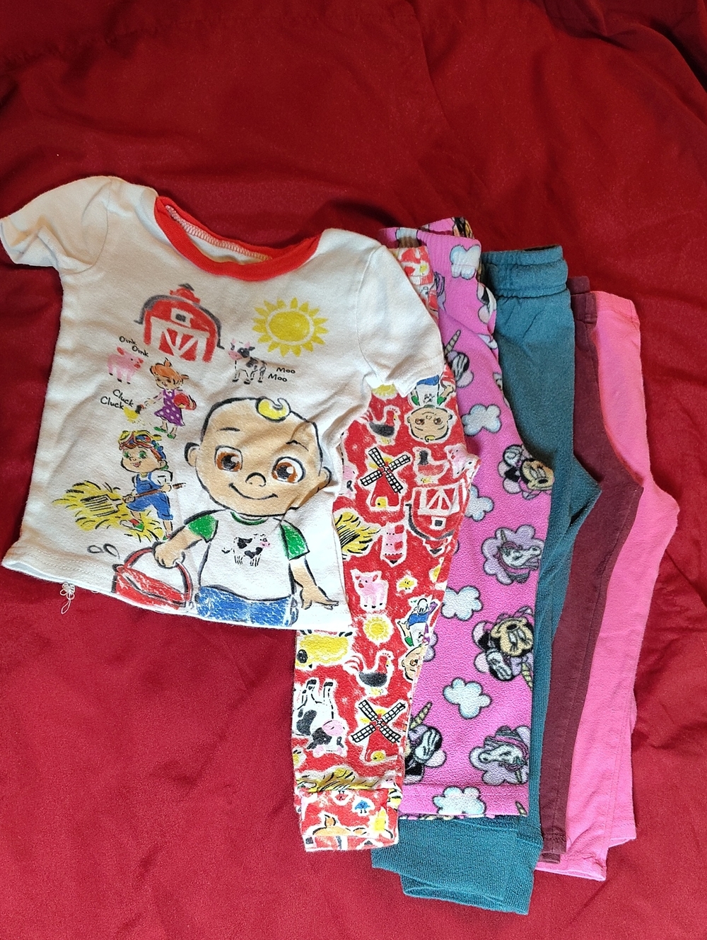 6 Piece Lot-Toddler Cartoon Farm Pajama Set, Minnie Pj's, Teal Sweats, 2 Legging